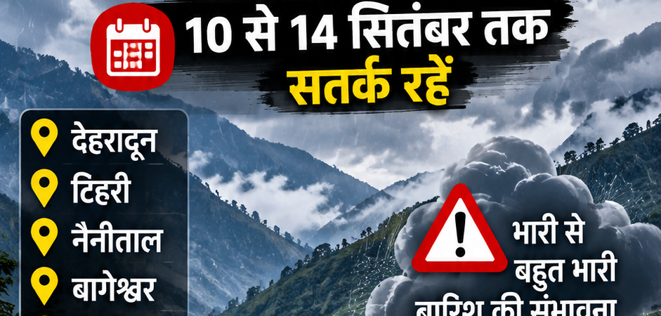 उत्तराखंड में फिर बिगड़ा मौसम, 5 जिलों में भारी बारिश का अलर्ट, 14 सितंबर तक खतरा